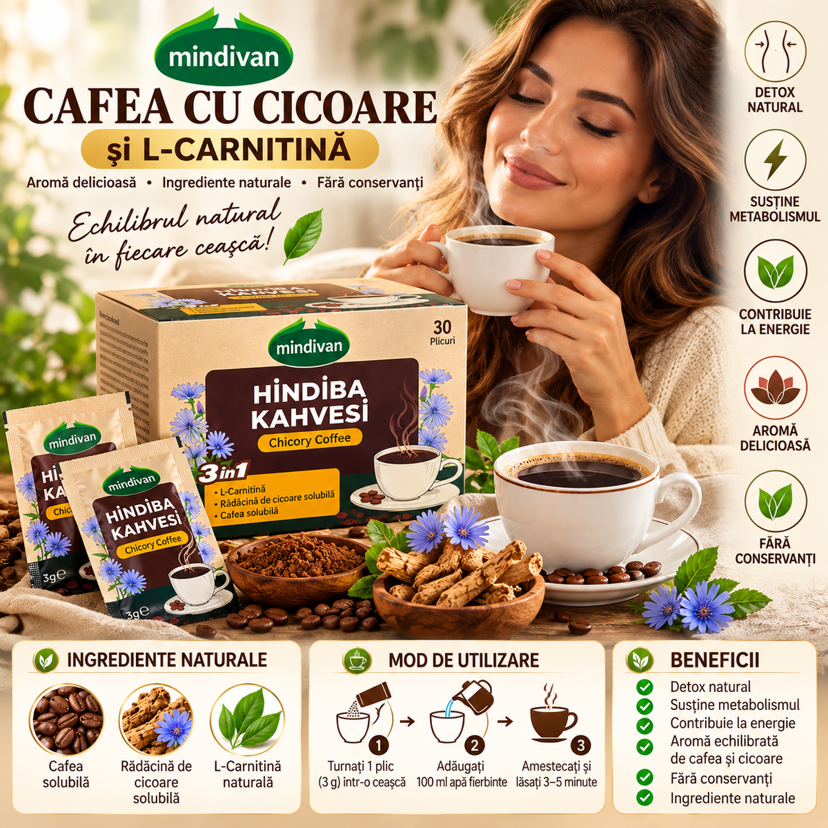 Mindivan Hindiba Kahvesi 3 în 1 – Cafea Detox cu Cicoare și L-Carnitină, Ingrediente Naturale, 30 Plicuri, 90 g