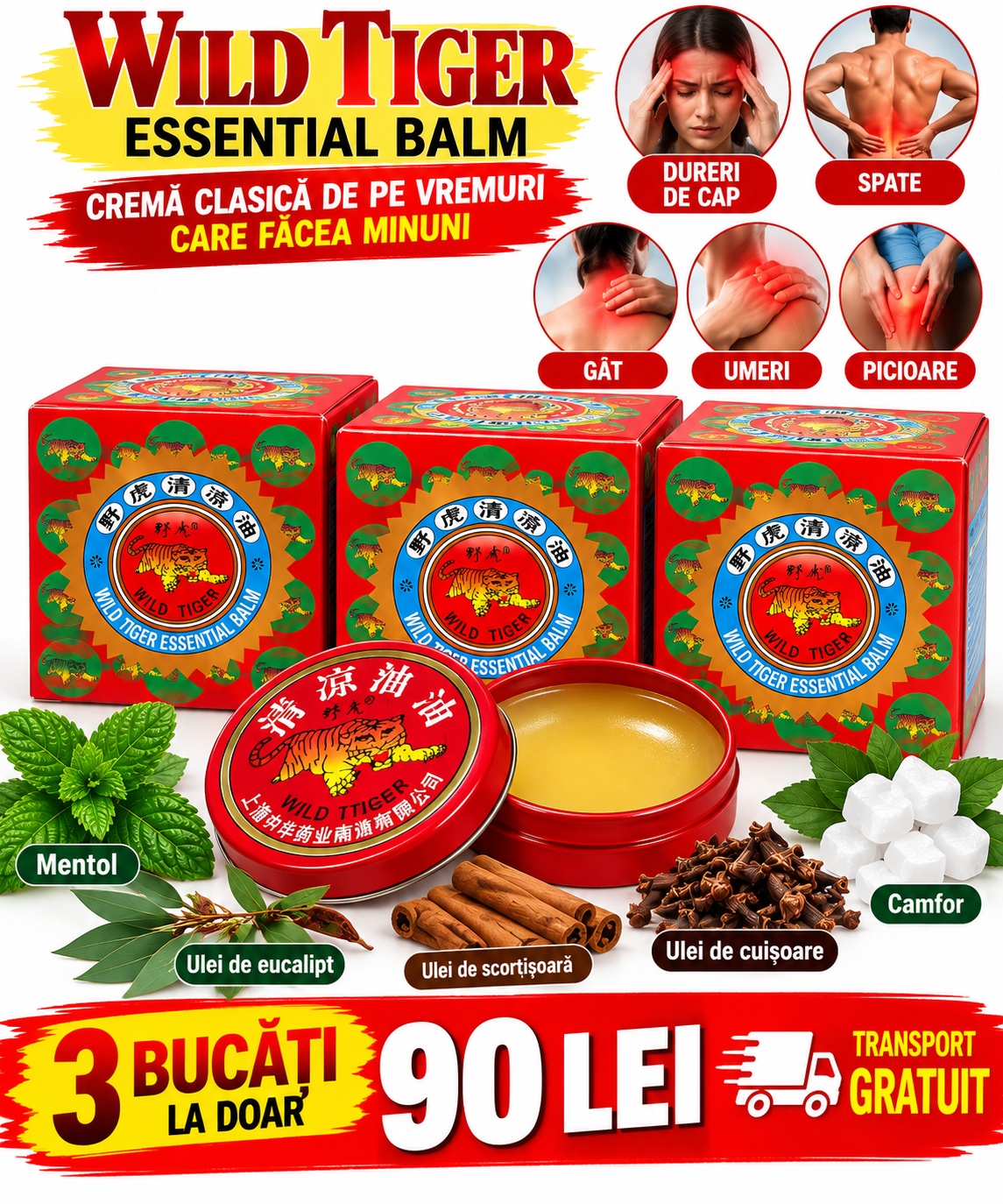 Wild Tiger Essential Balm – Crema Clasică de pe Vremuri pentru Masaj Spate, Lombar, Gât, cap.Umeri, Brațe și Picioare – 10 g
