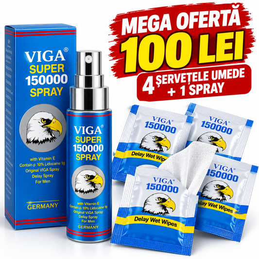 MEGA OFERTĂ VIGA SUPER 150000 – Spray + 4 Șervețele Umede cu Efect de Întârziere pentru Bărbați +18 | Doar 100 LEI!