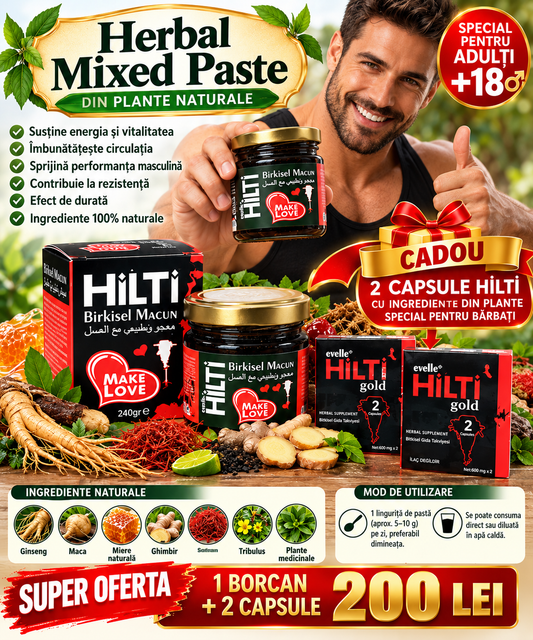 SUPER OFERTĂ HILTI Herbal Mixed Paste – Pastă din Plante Naturale pentru Bărbați +18 | 1 Borcan 240 g + 2 Capsule HILTI Gold CADOU | Doar 200 LEI!