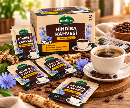 Mindivan Hindiba Kahvesi 3 în 1 – Cafea Detox cu Cicoare și L-Carnitină, Ingrediente Naturale, 30 Plicuri, 90 g