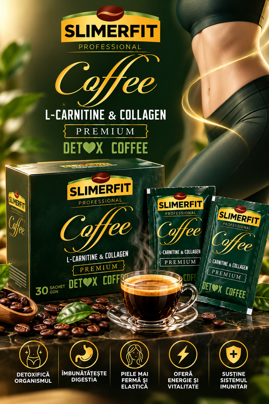 Slimerfit Professional Premium Detox Coffee – Cafea Instant cu L-Carnitină, Colagen, Acid Hialuronic și Vitamine, 30 Plicuri, 150 g