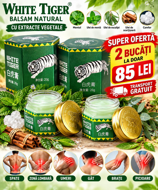 Balsam White Tiger 20 g – pentru masaj spate, zona lombară, umeri, gât, brațe și picioare, cu mentol și extracte vegetale
