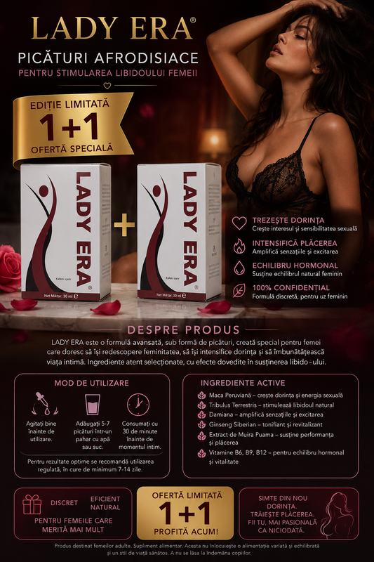 Lady Era Picături pentru Femei 30 ml – Supliment Alimentar cu Maca, Tribulus, Damiana, Muira Puama și Ginseng Siberian 1+1 gratis