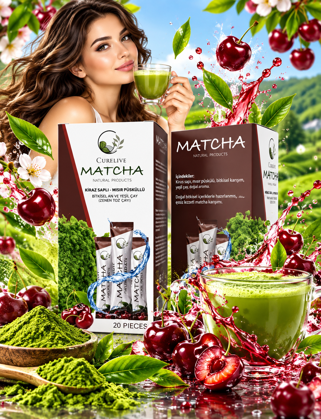 CURELIVE MATCHA CU EXTRACT DE CIREȘE ȘI COZI DE PORUMB – DETOX & ANTIOXIDANT