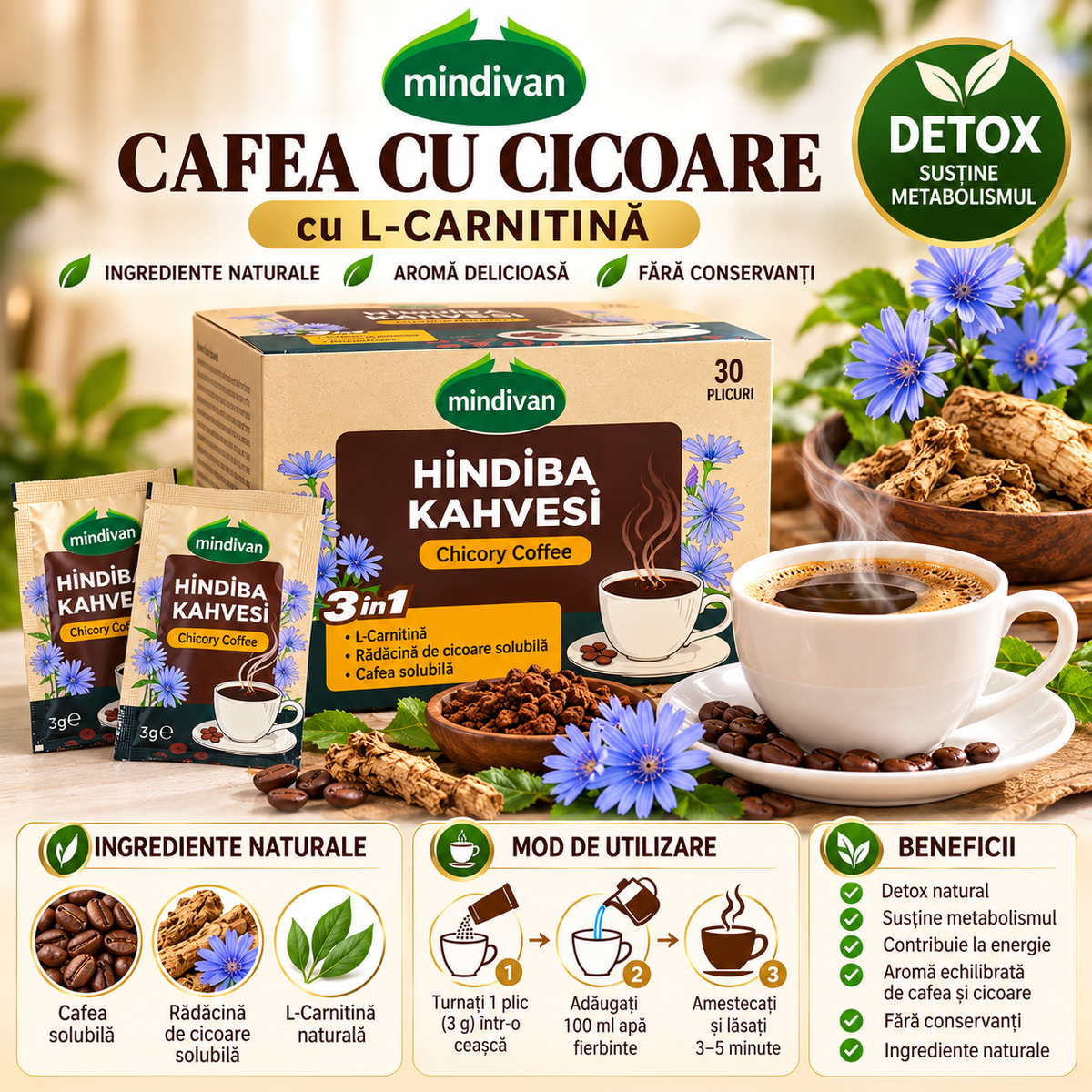 Mindivan Hindiba Kahvesi 3 în 1 – Cafea Detox cu Cicoare și L-Carnitină, Ingrediente Naturale, 30 Plicuri, 90 g