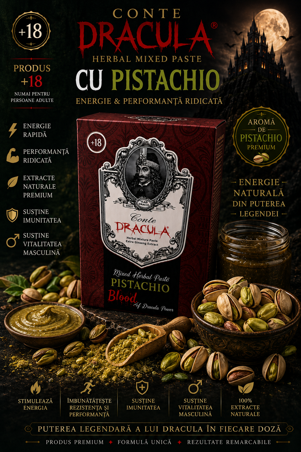 Conte Dracula herbal mixed paste magiun cu  pistachio revitalizant și energie +18