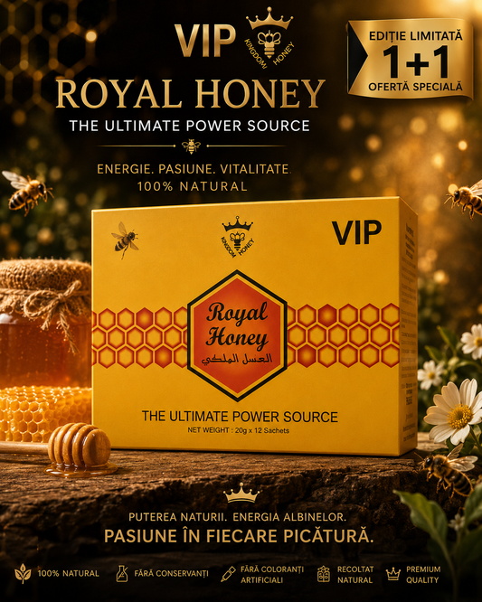 Royal Honey VIP 20 g × 12 Plicuri – Supliment Alimentar cu Miere Naturală, Maca, Tongkat Ali, Tribulus și Panax Ginseng 1+1 gratis