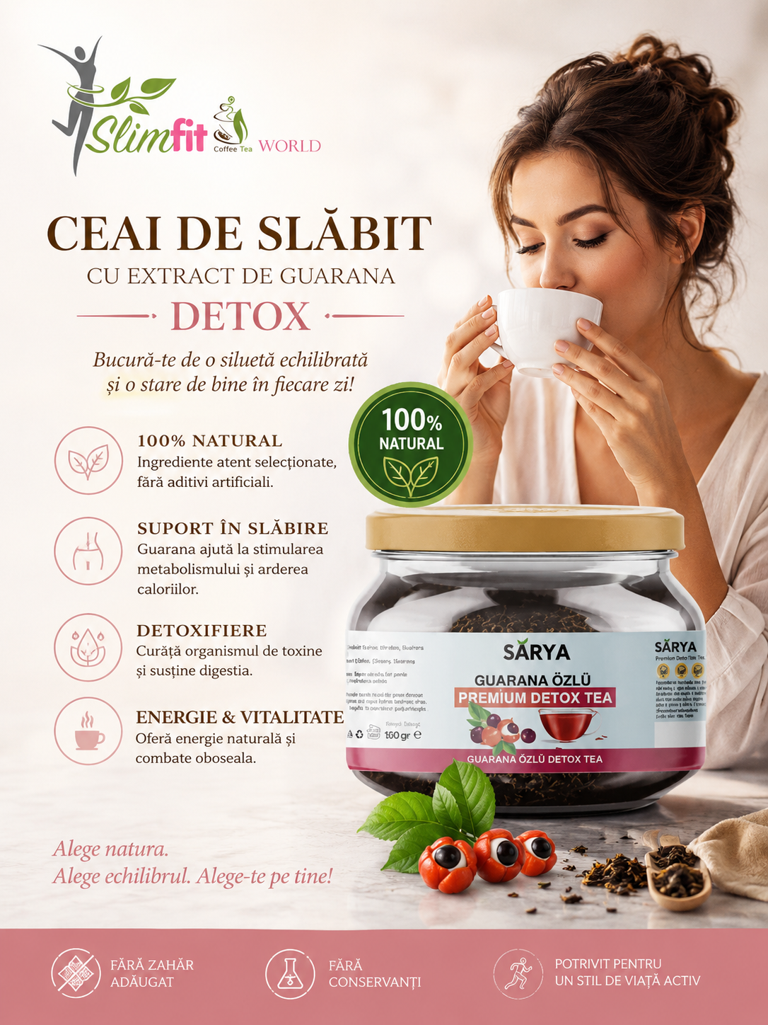Ceai de slabit si detox SARYA cu extract din guarana 3/5 kg pe luna garantat