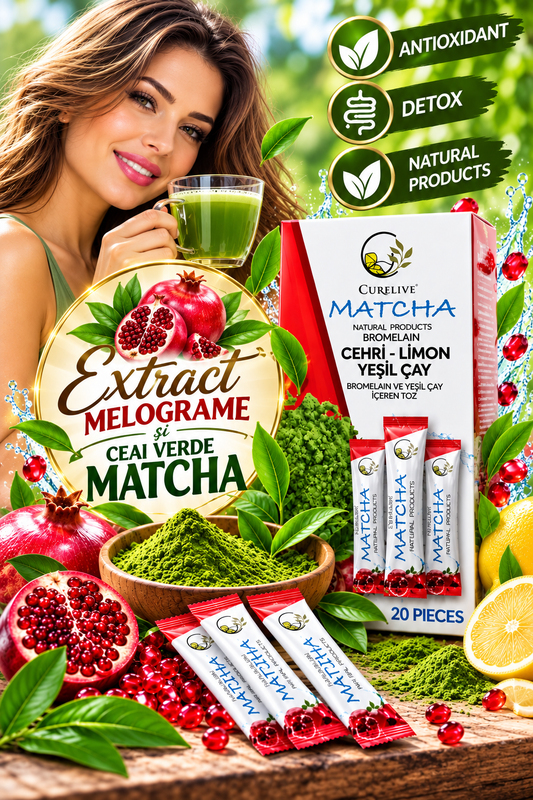 CURELIVE MATCHA CU MELOGRANĂ, LĂMÂIE & BROMELAINĂ – DETOX & ANTIOXIDANT