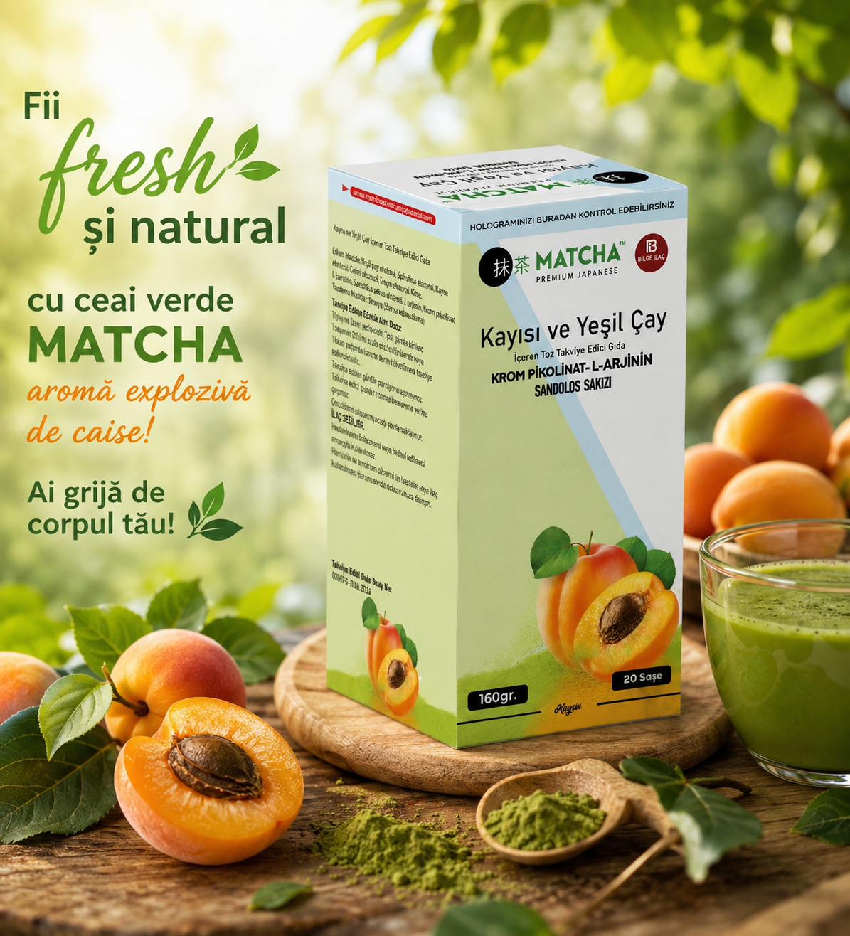 Matcha Verde Premium cu Aromă de Caise | Energie Naturală și Antioxidanți