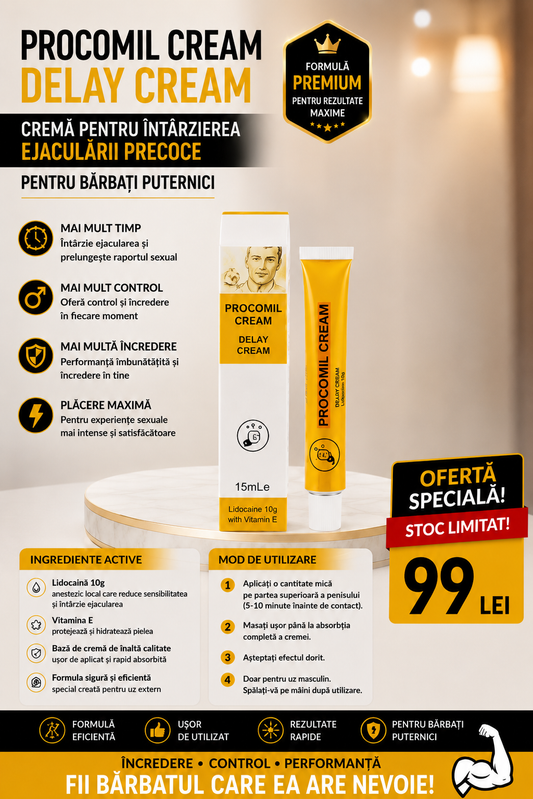 Procomil Delay Cream – Cremă Întârziere pentru Bărbați | Control și Încredere | 15 ml
