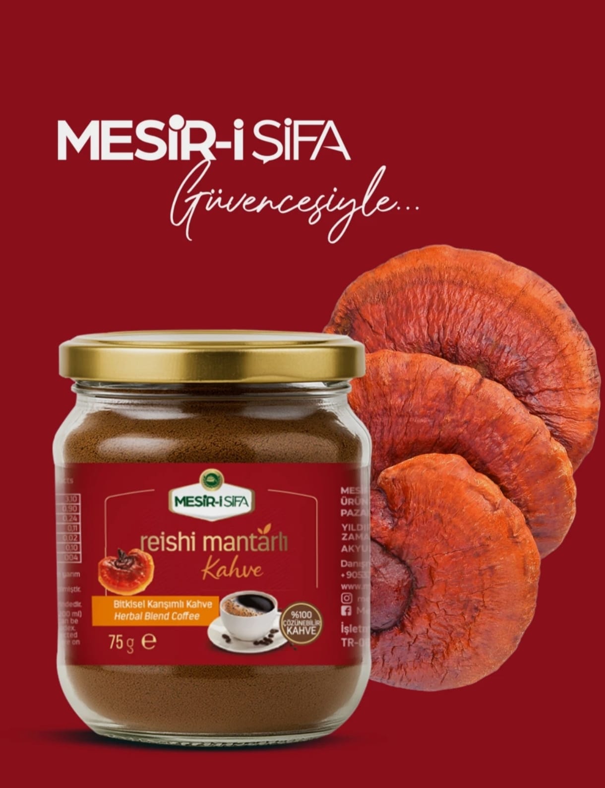 Cafea solubila cu extract din ciuperca reishi anti- aging stare de bine, si energie, 75gr mesiri-i-sifa