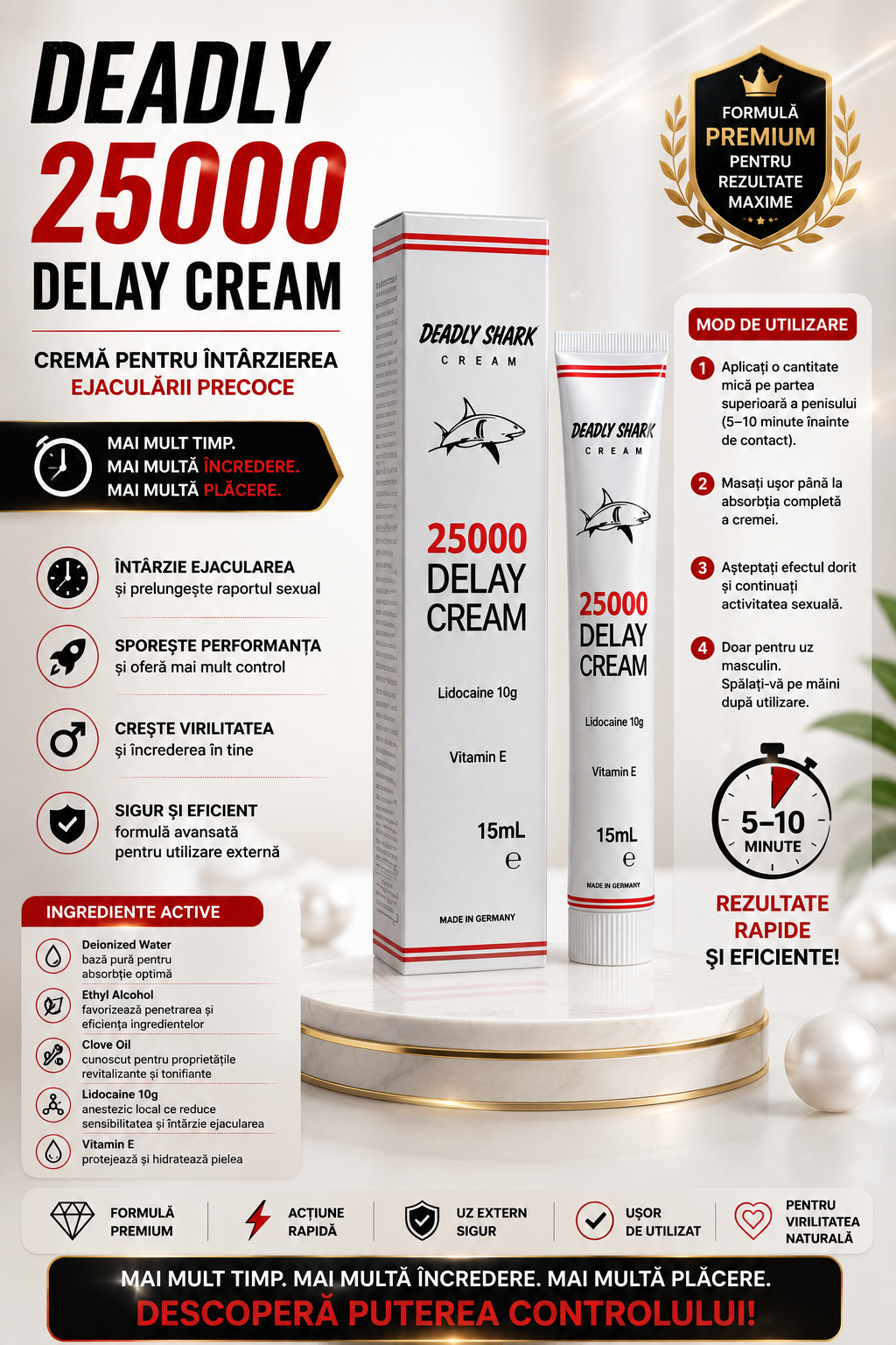 Cremă Deadly Shark 25000 pentru Control și Prelungirea Raportului – 15 ml