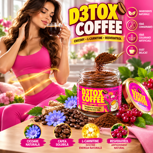 D3TOX Coffee Alfamin – Cafea Detox Premium pentru Controlul Greutății și Siluetă, cu Cicoare, L-Carnitină și Resveratrol 75 gr