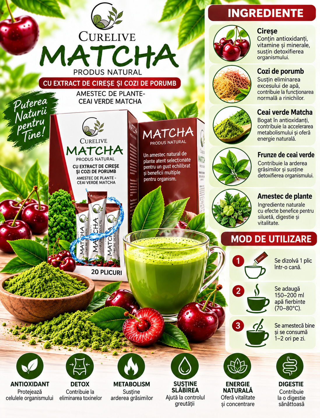 CURELIVE MATCHA CU EXTRACT DE CIREȘE ȘI COZI DE PORUMB – DETOX & ANTIOXIDANT
