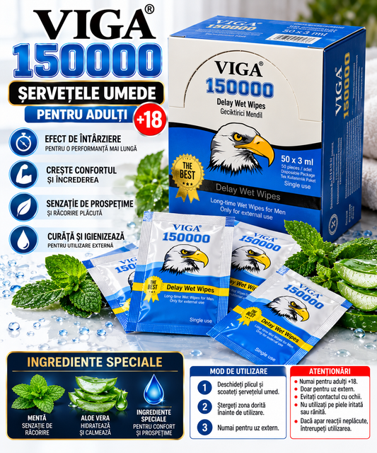 VIGA 150000 – Șervețele Umede cu Efect de Întârziere pentru Bărbați +18 | Control și Performanță Intimă | 50 Bucăți